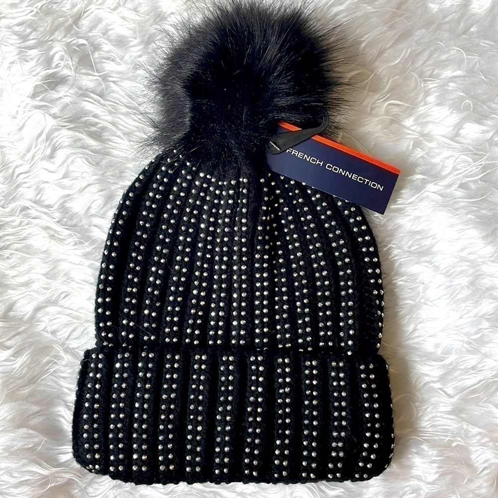 Brand New French Connection Black w/ Silver Tone Studs Pom Cable Knit Hat Beanie